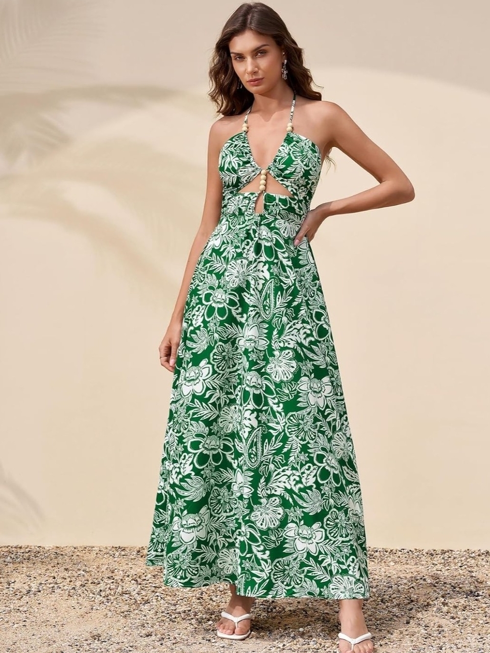 Green Floral Halter Maxi Dress with Front Cutout